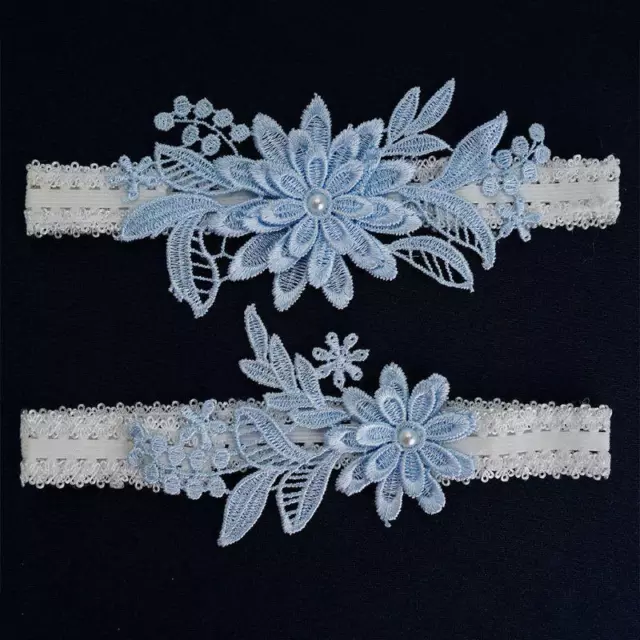 Womens Bridal Stretch Lace Thigh Rings Set Sky Blue Embroidered Flower Applique