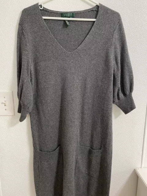 Ralph Lauren Womens Short Sleeve Sweater Dress Grey Wool/cashmere Size Medium