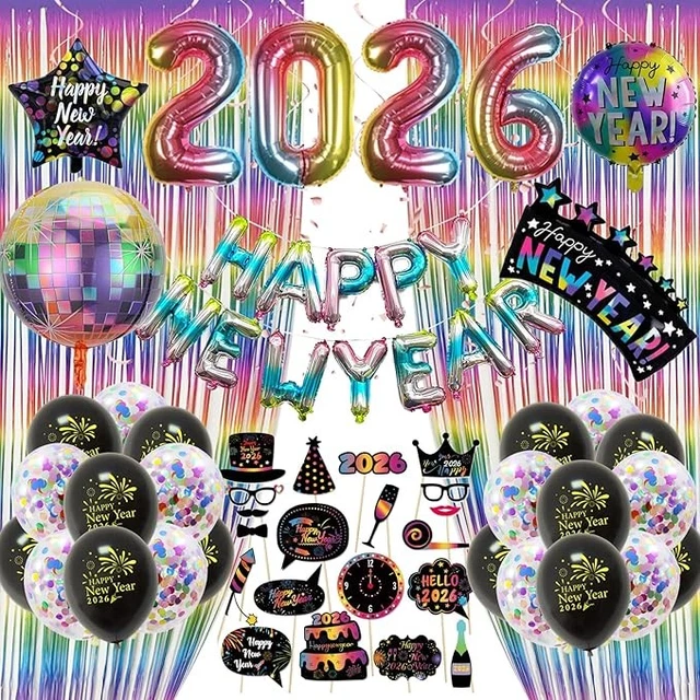 15-teiliges Happy New Year 2026 Deko-Set – Schwarz & Gold, Hängedekoration Mit 2026, Hello 2026, Partyhut, Uhr Und Champagner – Ideal Für Silvesterpartys