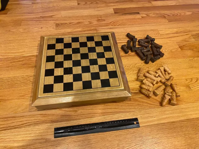 VINTAGE WOODEN CHESS SET COMPLETE w BOARD & DRAWERS - CRUSADES? MEDIEVAL TIMES?