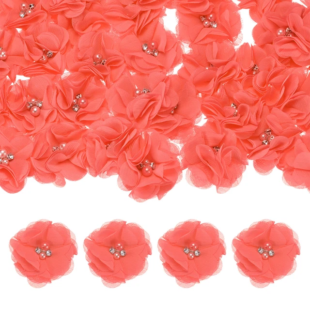 10x Chiffon-Blumen Mit Strass & Perlen - Zarte Stoffapplikationen Für DIY & Hochzeitsdeko
