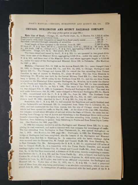 10 page 1898 train report & map Chicago Burlington Quincy Railroad station map