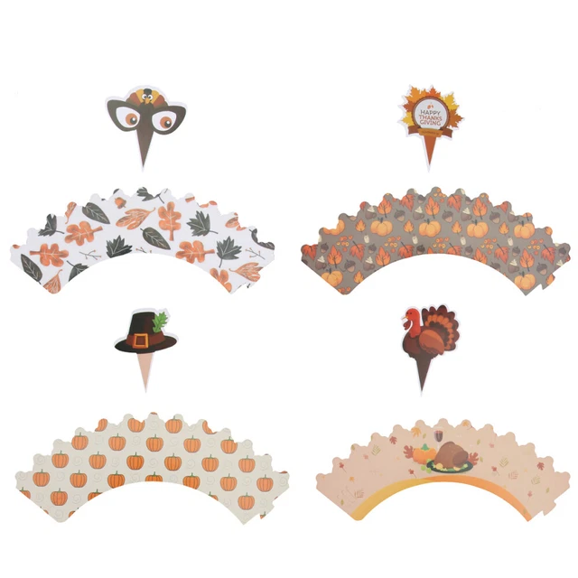 Cupcake Toppers de pavo delineador de flores - 48 piezas envoltura de cupcake del día de Acción de Gracias