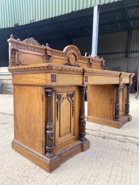 Large English Arts and Crafts Honey Oak Pedestal Sideboard Reeded Column Door