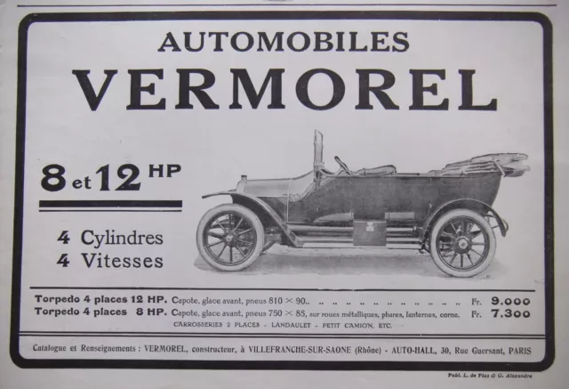 PUBLICITÉ DE PRESSE 1913 AUTOMOBILES VERMOREL 8 et 12 HP 4 CYLINDRES 4 VITESSES