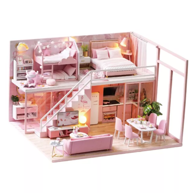 Wooden 1/24 Scale Dollhouse Miniatures Pink Bedroom DIY Kit Assembly Accs