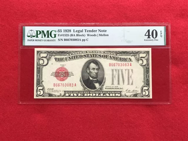 FR-1525 1928 Plain Series $5 Red Seal US Legal Tender Note *PMG 40 EPQ XF*