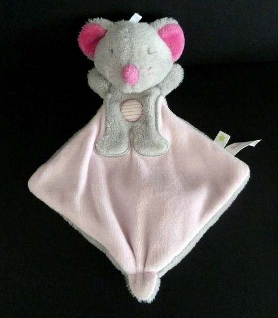 44. Doudou Plat  Sucre D'orge Souris Rose Gris Rond Raye Ventre Ttbe