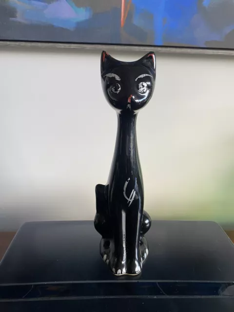Vintage | 1950s Black cat figurine | long neck Vase ornament | Mid Century