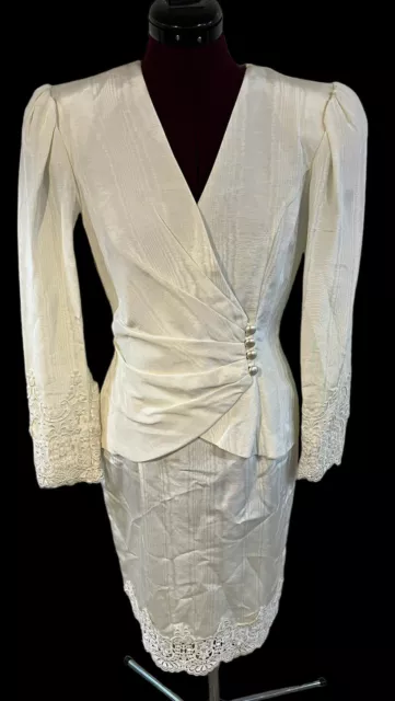 VINTAGE SCOTT McCLINTOCK CREAM DRESS Sz 8  Pearl Buttons Taffeta & Lace