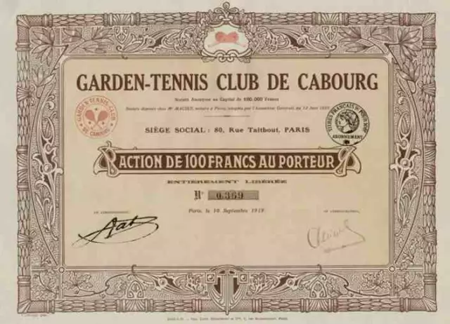 Garden Tennis Club De Cabourg 1919 Max Bertrand Paris 100 Francs Titres Anciens