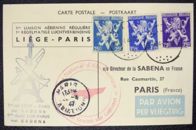 4/ Belgique SABENA Carte Postale 1er vol Liège Paris 20 Avril 1947