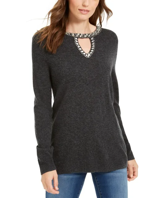 INC International Concepts Women's Embellished Keyhole Sweater Charcoal Size