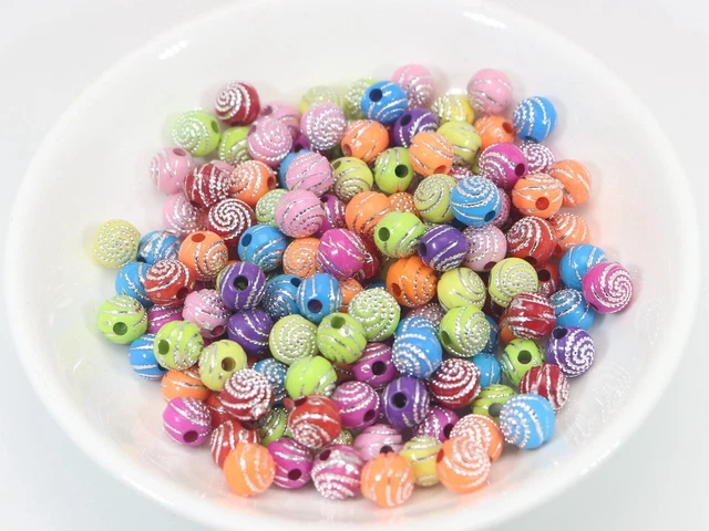 200 Mixed Color Sparkling Spiral Silver Dots Acrylic Round Beads 8mm Spacer