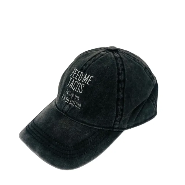David & Young Distressed Black Hat Strap Back Cotton Feed Me Tacos Beautiful H9