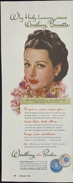 Magazine Ad* - 1944 - Woodbury Powder - World War 2 - Hedy Lamarr