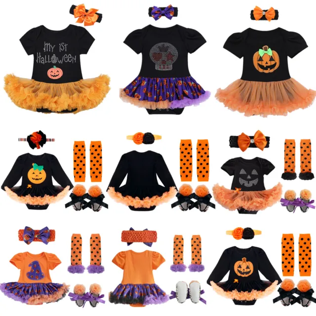 Kids Halloween Romper Dress Outfits Toddler Girls Skirt Costume Headband Clothes