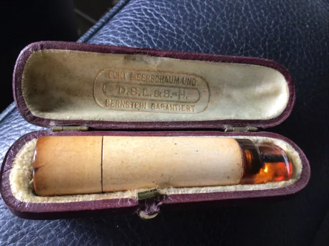 Antik Zigarrenspitze Meerschaum Bernstein Etui Echt Leder DSL&H 1900 ?