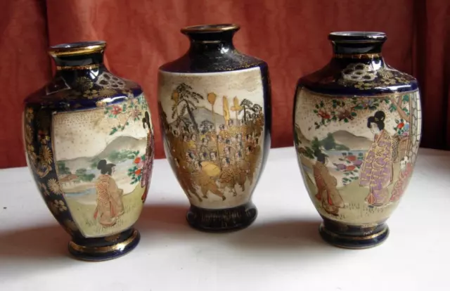 3 Japanese blue cobalt gilt satsuma porcelain vases hand painted Meiji signed