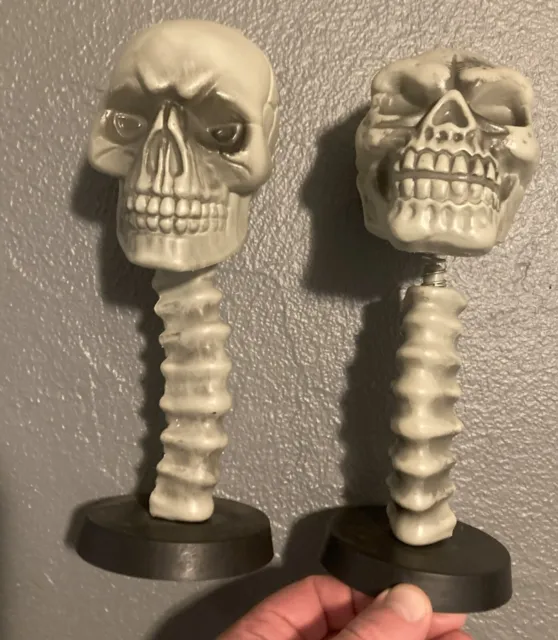 2 Halloween Skull w/Spine Bobble Prop Figure Scary Gray Skeleton Heads