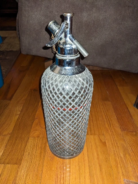 Vintage 1940s Sparklets Soda Siphon Seltzer Bottle Wire Mesh Glass Deco