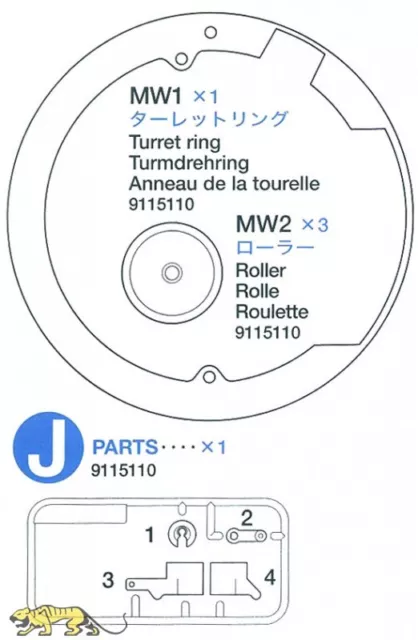 Tamiya 9115110 J Teile (J1-J4), Turmdrehring (MW1) und Rolle (MW2 x3) - 1:16