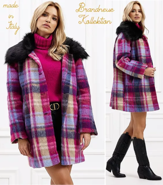 Nuevo 38 40 M-L Abrigo Wolle-Mix Vellón de Cuadros Chaqueta Larga Fucsia Púrpura