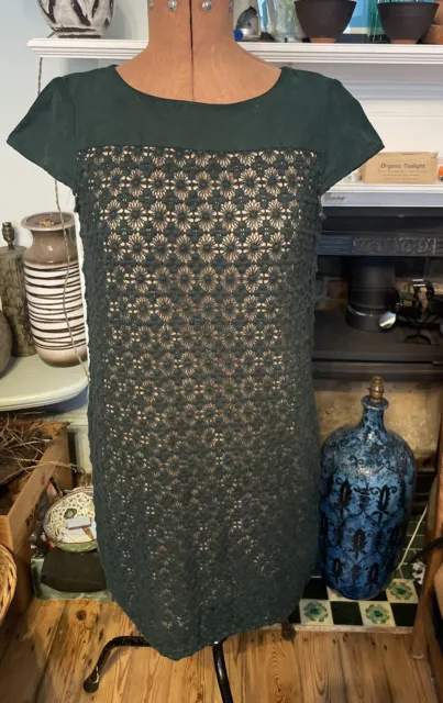 TOAST Shift Lace Dress Silk Cotton Linen Size 10 Teal Green Short Sleeve Vgc