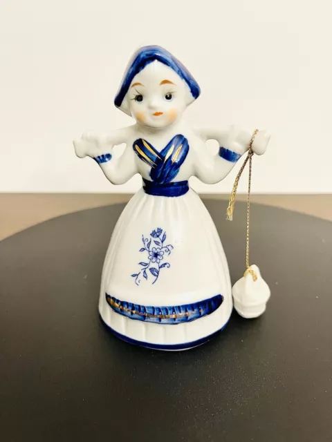Delft Blue Dutch Girl W/ Buckets Bell Hand Painted 5 1/2" Tall Ceramic Bell
