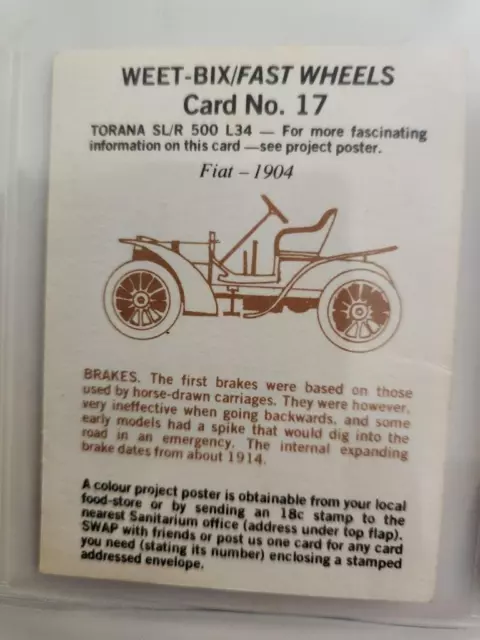 Weet bix card  Fast Wheels Year 1977 No 17 Torana SL/R 500 L34  PETER BROCK 2