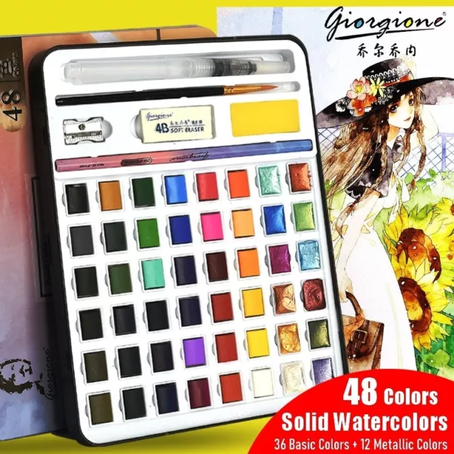 48 Color Solid Watercolor Paint Set 12 Premium Metallic High Pigments Artist Set