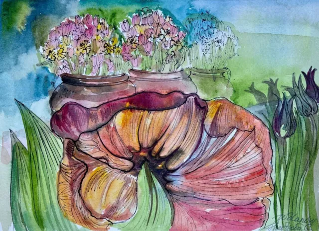 Original watercolor painting modern tulips mixed media