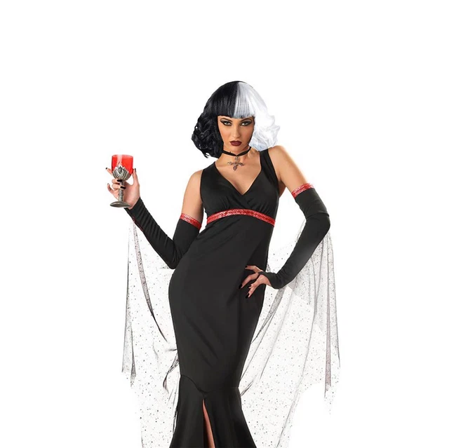 Costume Cruella Halloween - Perruque Noire Et Blanche, Masque Dentelle, Gants, Bas Résille, Pour Déguisement