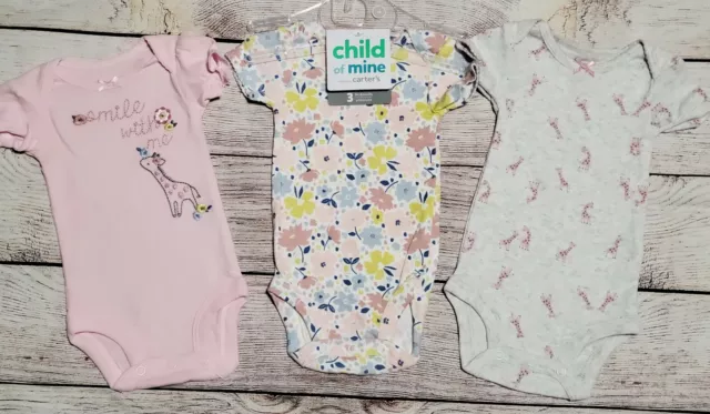NWT Child Mine,Carters Baby Girl BODYSUIT 3p Set GIRAFFE Pink/Floral/Grey SMILE