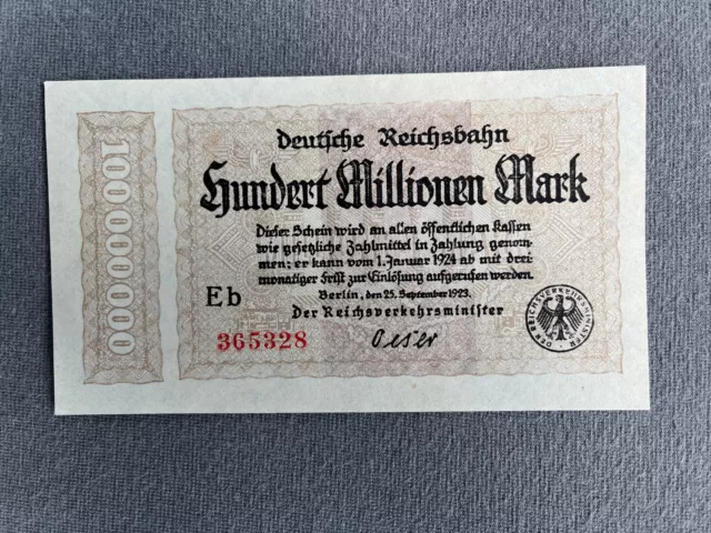 Banknote / Gutschein / Dt. Reichsbahn Inflation, 100 Mio. Mark, 25. Sep. 1923