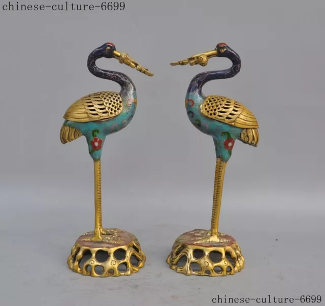China bronze Cloisonne Enamel Ruyi Crane bird statue Incense Burner censer Pair