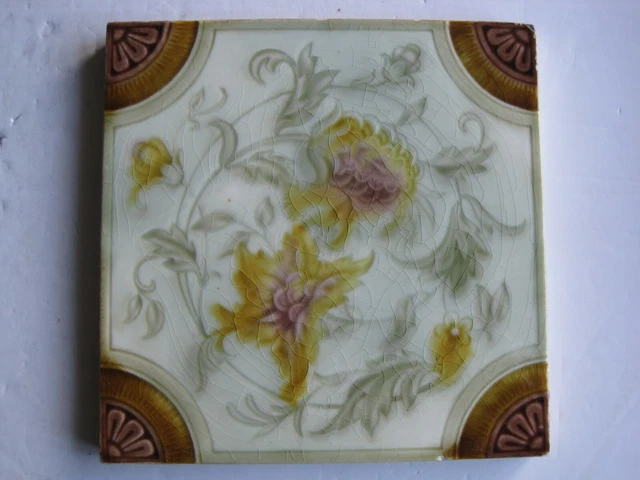 Antique Victorian Moulded & Majolica Glazed 6"  Mintons?  Gold Floral Tile