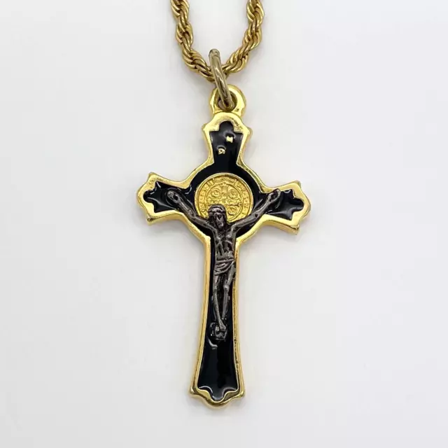 Vintage St Benedict Gold Tone Black Enamel Cross Pendant Necklace