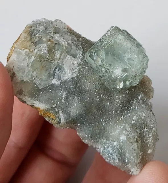 Beautiful Clear Cubic Fluorite Ladder Crystal On Sparkling Druzy Specimen - 38g