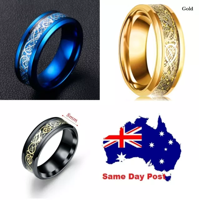 New Fashion Blue Gold Black Celtic Dragon Stainless Steel Wedding Band Ring Men