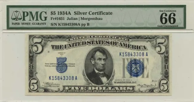 1934 A Silver Certificate Blue FR#1651 PMG Gem 66 EPQ