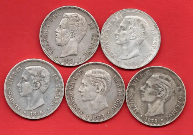 5 Spanish 5 Pesetas Silver Coins, 1871 - 1878. Spain. 25 Grams Each. Job Lot.