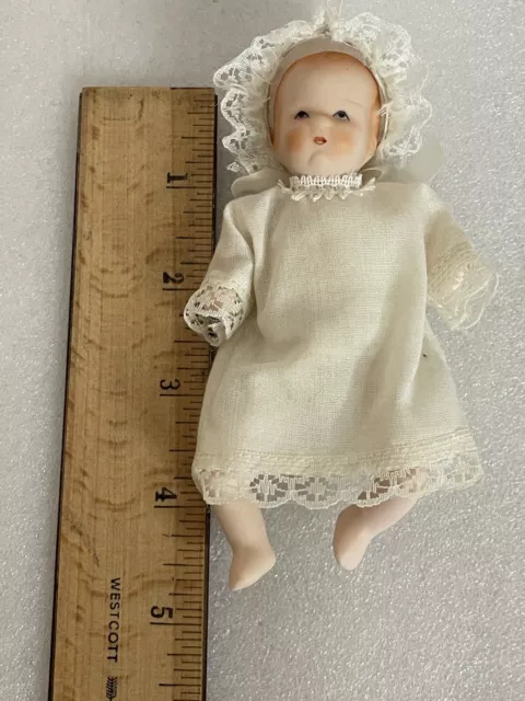 Baby Doll Bisque Porcelain Cloth Body Handmade Dress Hat Wicker Carriage Vintage 7
