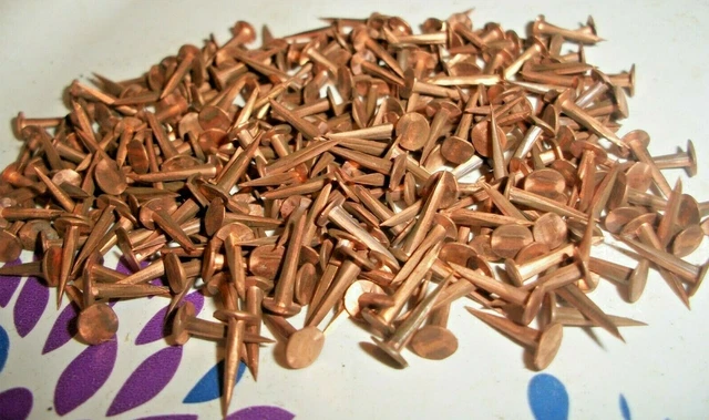 100 VINTAGE 1/2” LONG SOLID COPPER TACKS sharp point's 3/16” WIDE flat head, NOS