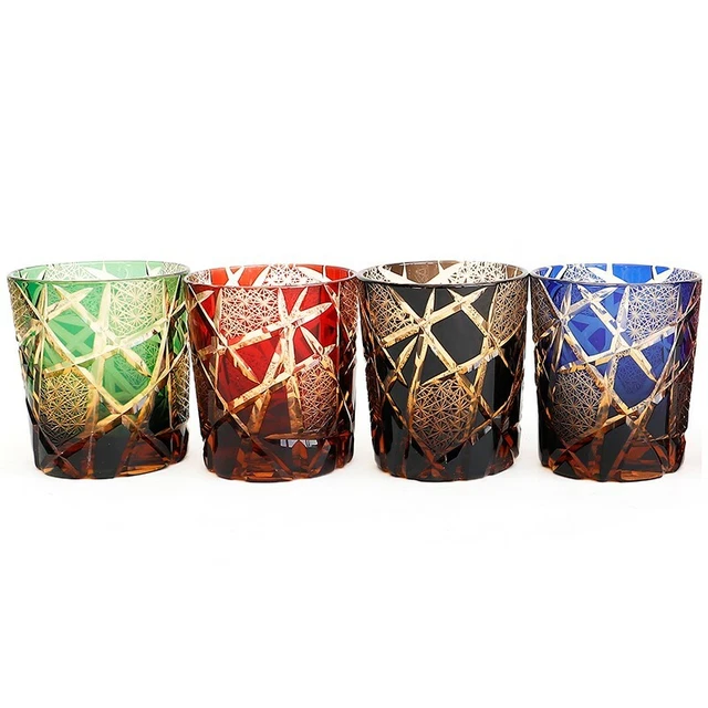 J28  Set Of 4 Multicolor Edo Kiriko Hand Cut Crystal Glass Tumbler Whiskey Cup