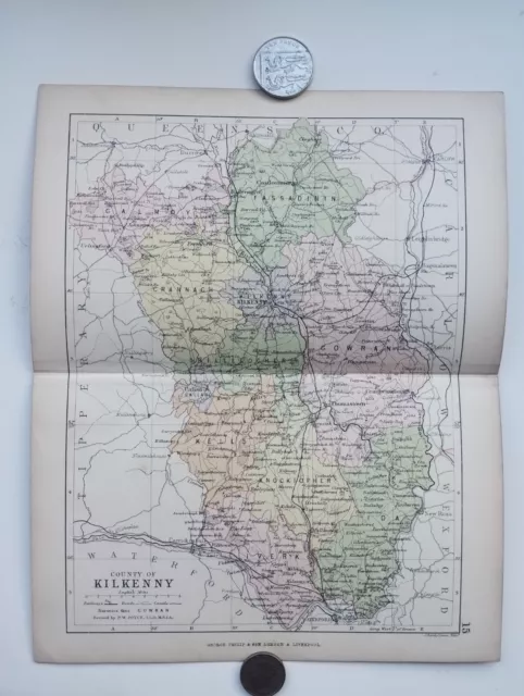Antique County Map of KILKENNY , Ireland - Phillips Handy Atlas , 1882