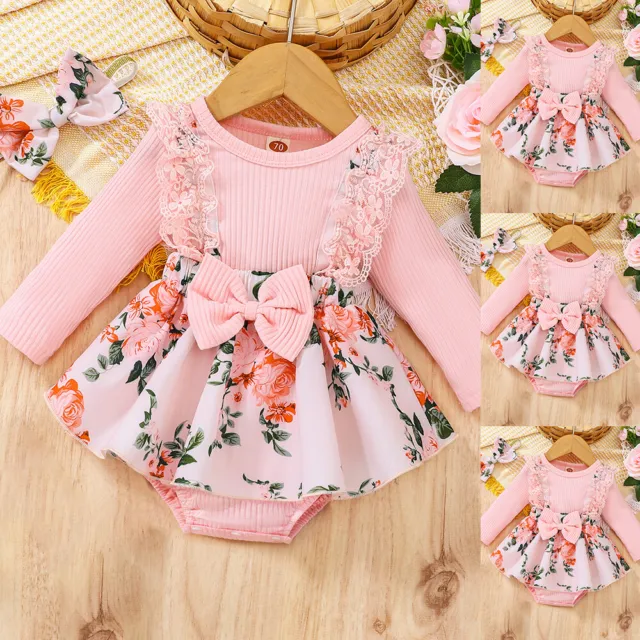 Newborn Baby Girls Lace Ruffled  Bow Romper Dress +Headband Sets Outfits Clothes