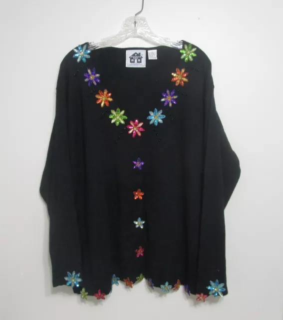 Gorgeous Storybook  Knits Black Cardigan Sweater Colorful Sequins /Beads Sz 2X