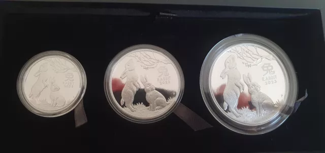 Perth Mint Lunar Series III 2023 Year of the Rabbit Silver Proof Three-Coin Set