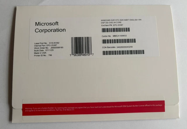 MICROSOFT WINDOWS SERVER 2025 Standard 64Bit 24 Core DVD + Sealed Key £ ...